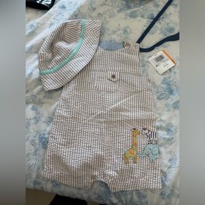 Little Me Striped Tan and White Romper with Hat